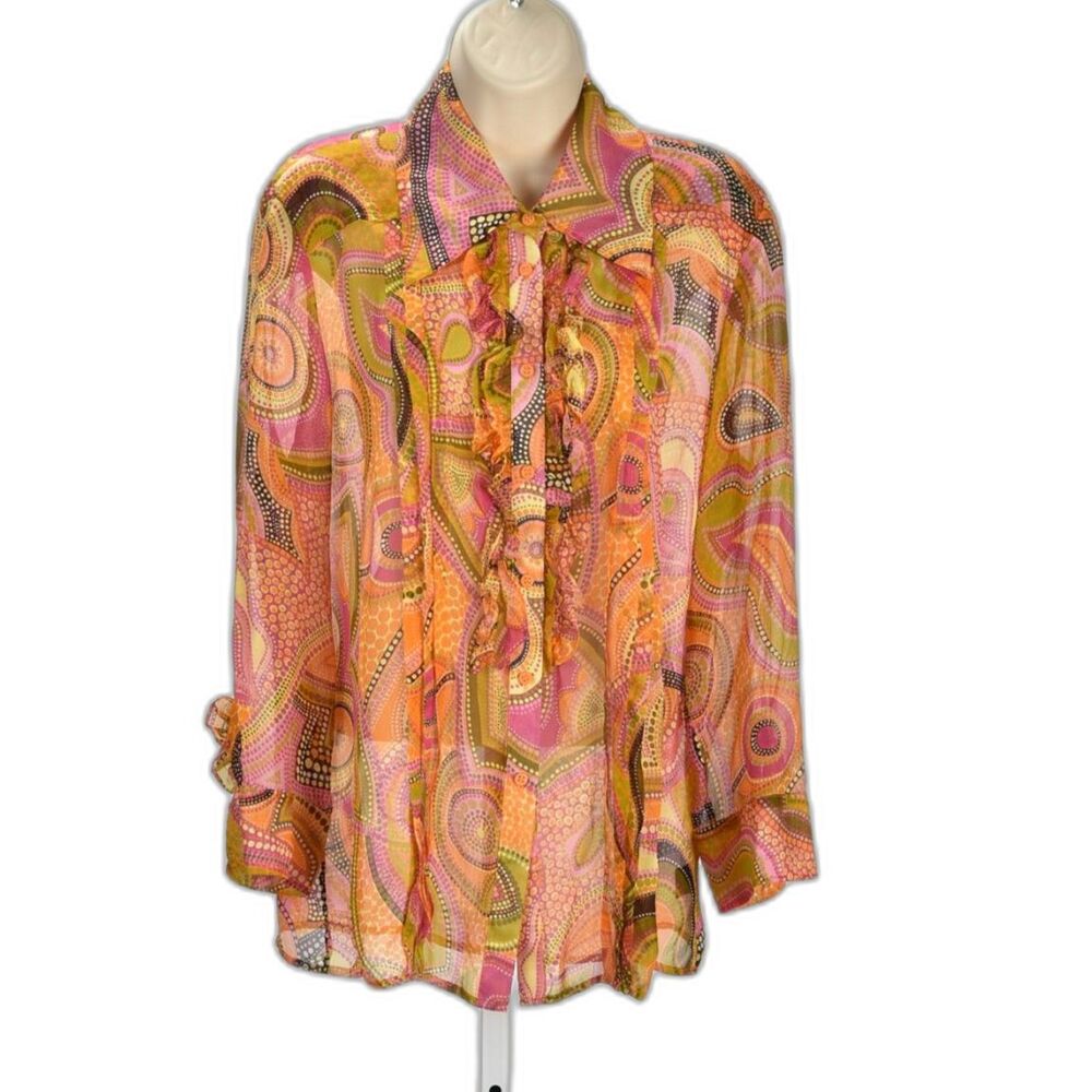 Dana Buckman 70s Orange Mod Silk Chiffon Button Down Blouse Size 14